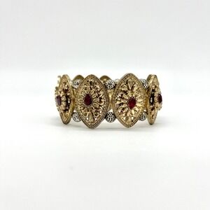 Vintage Gold Tone Red Jewel‎ Statement Stretch Bracelet Costume Jewelry